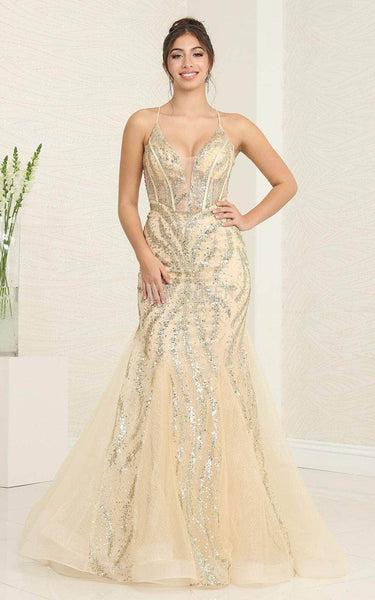 V-neck Plunging Neck Basque Corset Waistline Sleeveless Spaghetti Strap Mermaid Glittering Sequined Beaded Tulle Evening Dress/Prom Dress with a Brush/Sweep Train