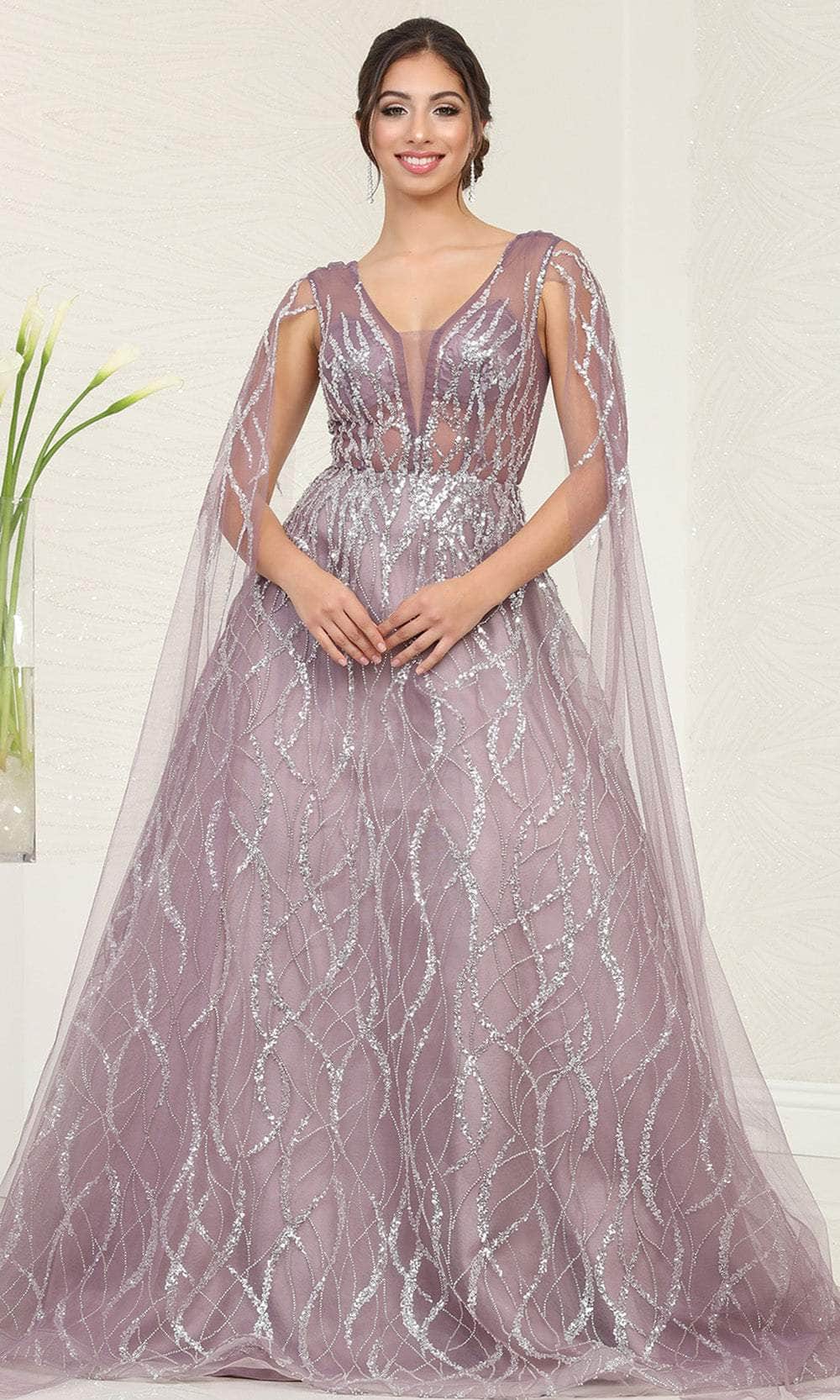 May Queen RQ8082 - Cape Sleeve Beaded Prom Gown
