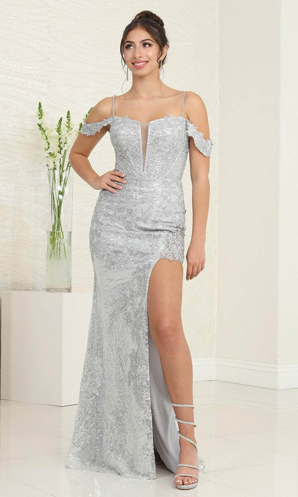 May Queen RQ8084 - Sequin Lace Cold Shoulder Prom Gown
