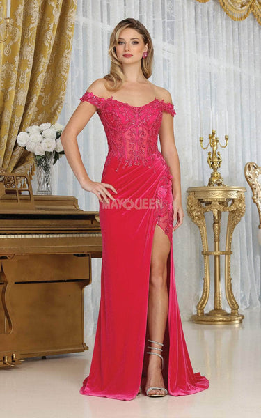 Off the Shoulder Draped Slit Open-Back Applique Glittering Back Zipper Sheer Sheath Corset Natural Waistline Sheath Dress/Prom Dress with a Brush/Sweep Train