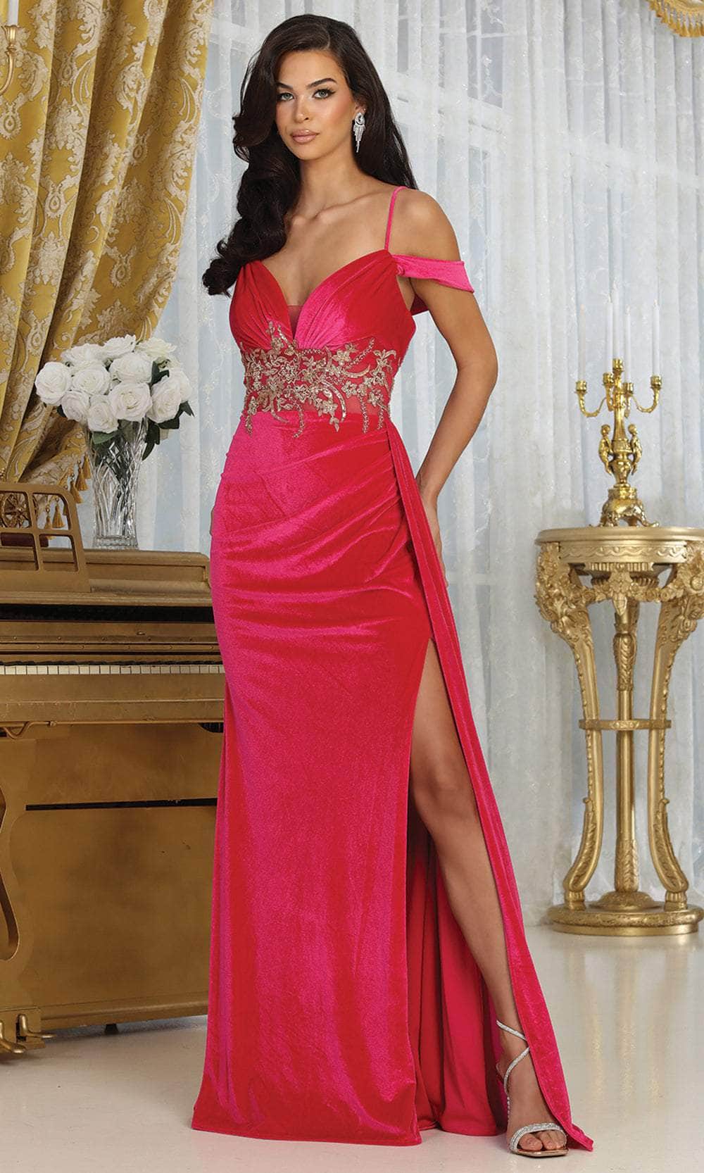 May Queen RQ8087 - Beaded Appliqued Velvet Prom Gown
