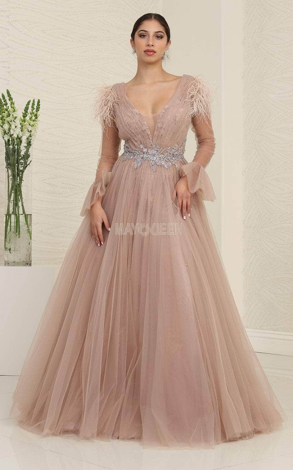 May Queen RQ8096 - Feathered Tulle Evening Dress

