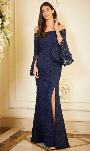 Natural Waistline Lace Bell Sleeves Off the Shoulder Sheath Hidden Back Zipper Slit Open-Back Sheath Dress/Evening Dress with a Brush/Sweep Train