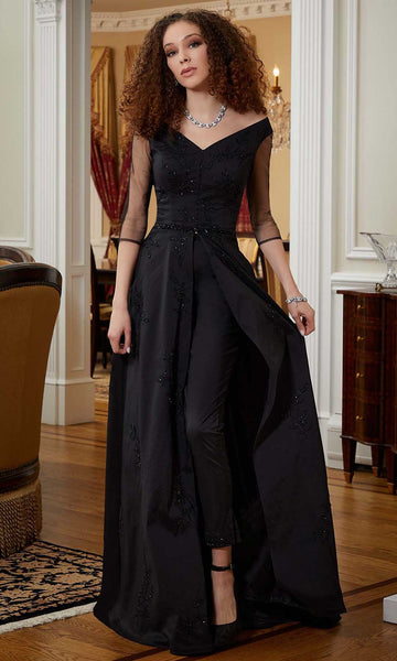 A-line V-neck Taffeta Natural Waistline Off the Shoulder Illusion Beaded Evening Dress/Jumpsuit with a Brush/Sweep Train