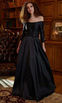 A-line Floor Length Lace Trim 3/4 Sleeves Off the Shoulder Pleated Belted Beaded Back Zipper Open-Back Elasticized Natural Waistline Satin Evening Dress