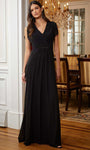 A-line V-neck Cap Sleeves Floor Length Natural Waistline Ruched Beaded Hidden Back Zipper Mesh Gathered Evening Dress