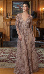 A-line V-neck Natural Waistline Beaded Belted Crystal Sheer Embroidered Illusion Long Sleeves Floor Length Evening Dress