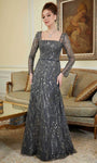 A-line Sheer Beaded Back Zipper Long Sleeves Floor Length Natural Waistline Square Neck Evening Dress