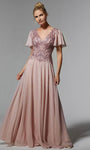 Tall Sophisticated A-line V-neck Beaded Sheer Back Embroidered Flutter Sleeves Evening Dress with a Brush/Sweep Train