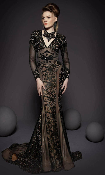 Sophisticated V-neck Sheath Lace Natural Waistline Long Sleeves Fitted Embroidered Floor Length Sheath Dress/Evening Dress with a Brush/Sweep Train