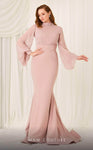 V-neck Illusion Crepe Bishop Long Sleeves Mermaid Natural Waistline Jeweled Neck High-Neck Evening Dress with a Brush/Sweep Train