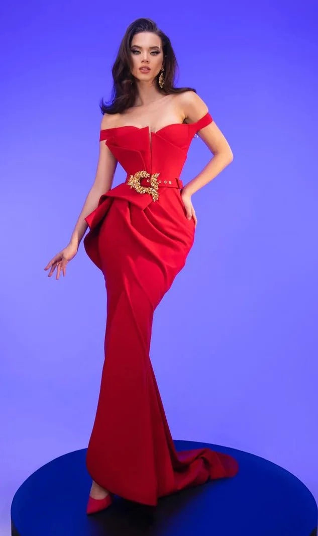 Sexy Off the Shoulder Crumb Catcher Neck Plunging Neck Sweetheart Sheath Crepe Natural Waistline Slit Illusion Fitted Peplum Open-Back Sequined Belted Wrap Sheath Dress/Evening Dress with a Brush/Swee