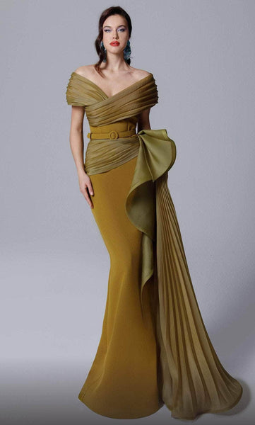 Sophisticated V-neck Off the Shoulder Pleated Peplum Belted Wrap Mermaid Corset Natural Waistline Evening Dress with a Brush/Sweep Train With a Sash and Ruffles