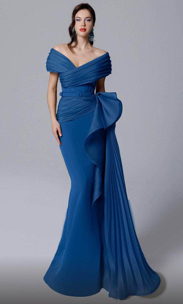 Sophisticated V-neck Off the Shoulder Mermaid Belted Peplum Wrap Pleated Corset Natural Waistline Evening Dress with a Brush/Sweep Train With a Sash and Ruffles