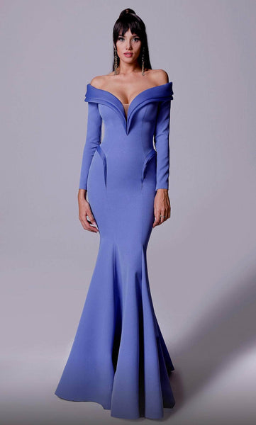 V-neck Long Sleeves Off the Shoulder Pleated Fitted Peplum Natural Waistline Mermaid Crepe Evening Dress/Mother-of-the-Bride Dress
