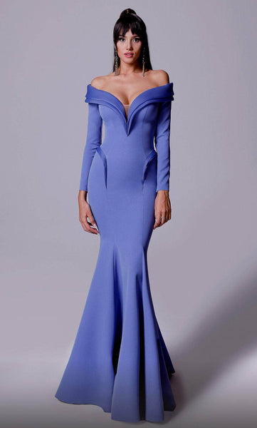 V-neck Crepe Fitted Pleated Peplum Natural Waistline Mermaid Long Sleeves Off the Shoulder Evening Dress/Mother-of-the-Bride Dress