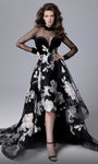A-line Sweetheart Floor Length High-Low-Hem Mesh Sheer Illusion Floral Print Long Sleeves Natural Waistline Dress with a Brush/Sweep Train