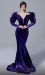 V-neck Sheer Velvet General Print Long Sleeves Off the Shoulder Plunging Neck Mermaid Natural Princess Seams Waistline Evening Dress with a Brush/Sweep Train With Ruffles