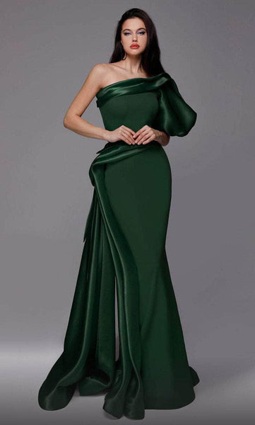 Puff Sleeves Sleeves One Shoulder Natural Waistline Asymmetric Mermaid Evening Dress with a Brush/Sweep Train With Ruffles