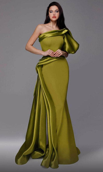 Mermaid Natural Waistline Puff Sleeves Sleeves One Shoulder Asymmetric Evening Dress with a Brush/Sweep Train With Ruffles