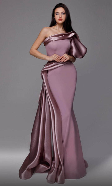 Mermaid Asymmetric Natural Waistline Puff Sleeves Sleeves One Shoulder Evening Dress with a Brush/Sweep Train With Ruffles