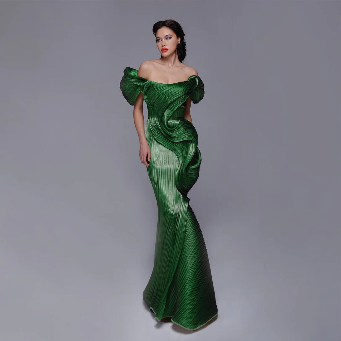 Tall Asymmetric Draped Pleated Gathered Ruched Off the Shoulder Floor Length Natural Waistline Mermaid Evening Dress With Ruffles