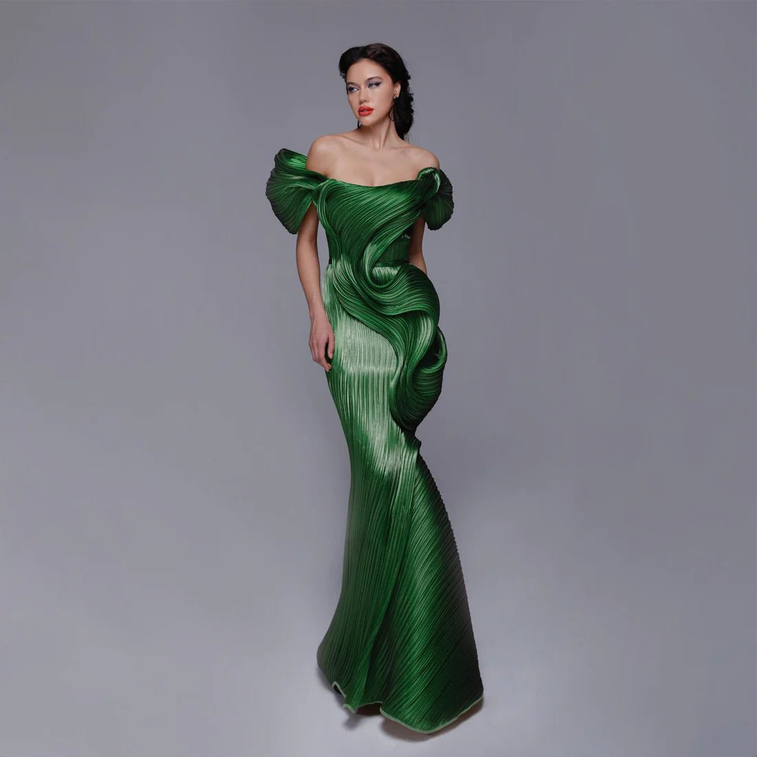 Tall Floor Length Natural Waistline Mermaid Gathered Pleated Draped Asymmetric Ruched Off the Shoulder Evening Dress With Ruffles