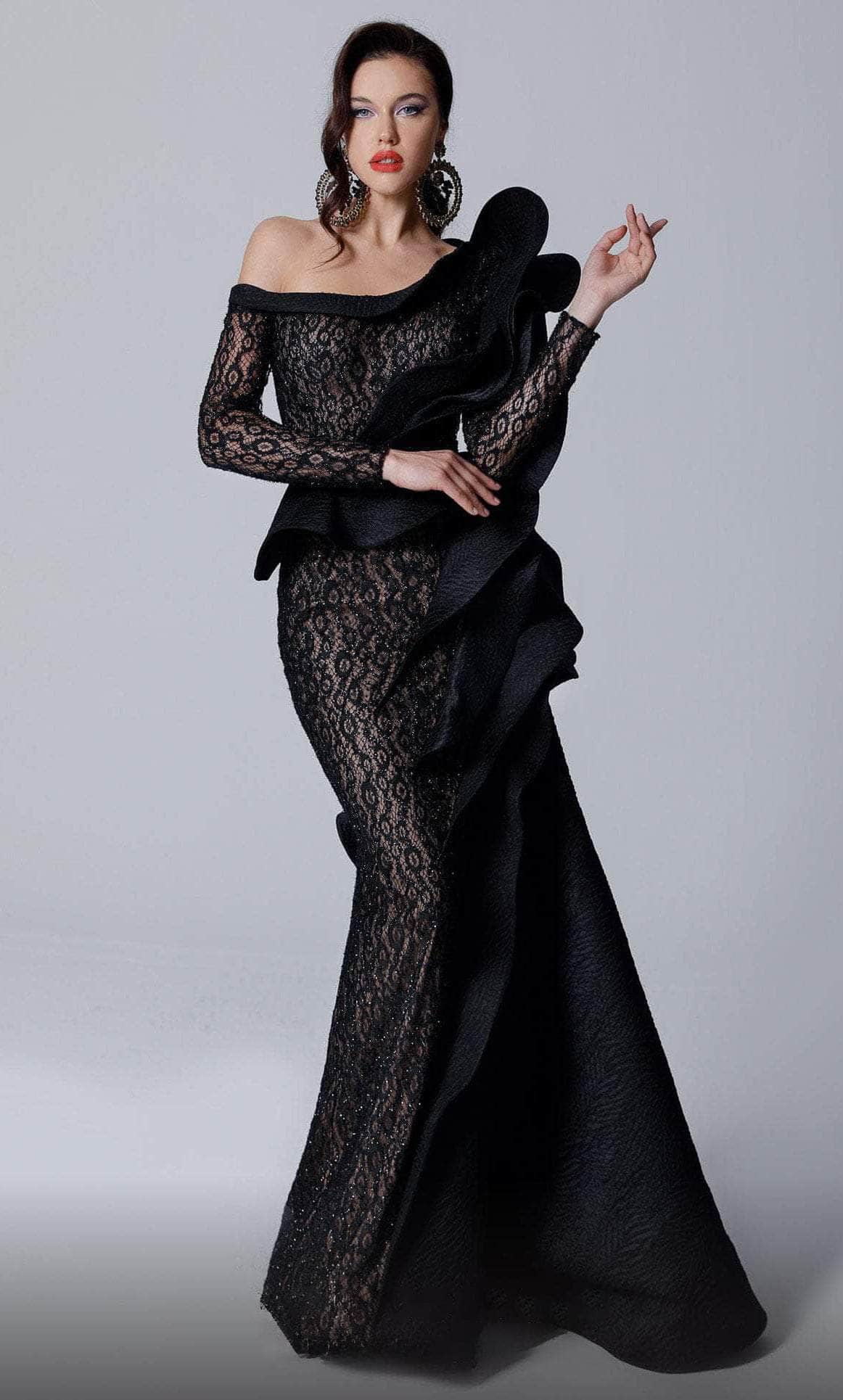 MNM Couture 2735 - Asymmetric Beaded Lace Evening Gown
