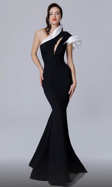 Mermaid Floor Length Natural Waistline Asymmetric Goddess Applique Fitted Slit Beaded One Shoulder Evening Dress with a Brush/Sweep Train