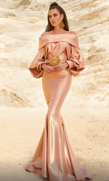 Mermaid Straight Neck Belted Back Zipper Open-Back Natural Waistline Long Sleeves Off the Shoulder Evening Dress with a Brush/Sweep Train