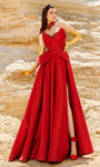 A-line V-neck Strapless Natural Waistline Crepe Applique Beaded Pleated Slit Peplum Open-Back Choker Floor Length Evening Dress with a Brush/Sweep Train