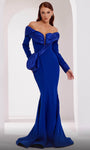 V-neck Sheer Pleated Back Zipper Long Sleeves Off the Shoulder Mermaid Crepe Natural Waistline Dress