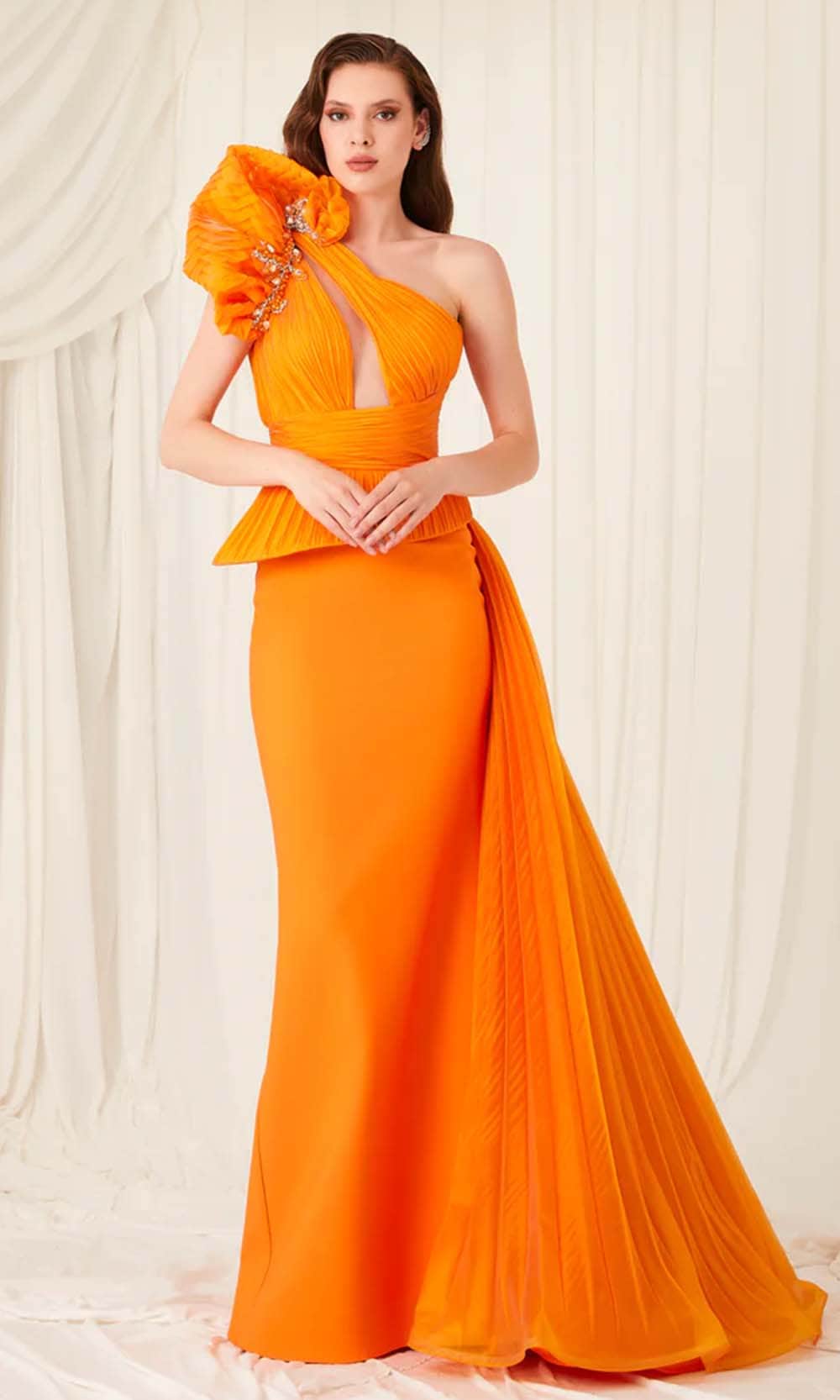 MNM Couture 2799A - Asymmetric Neck Peplum Evening Gown
