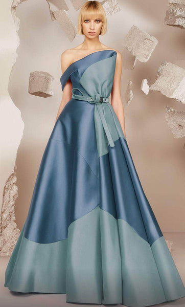 A-line Crumb Catcher Neck Wrap Pleated Asymmetric Open-Back Belted Draped Back Zipper Off the Shoulder Natural Waistline Two-Toned Print Floor Length Evening Dress with a Brush/Sweep Train