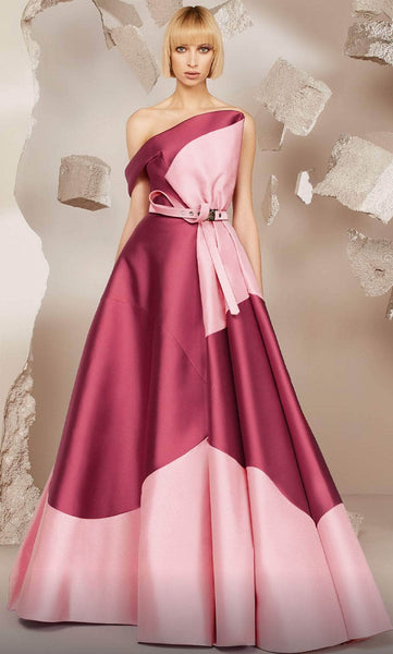 A-line Crumb Catcher Neck Natural Waistline Off the Shoulder Floor Length Belted Asymmetric Back Zipper Wrap Pleated Open-Back Draped Two-Toned Print Evening Dress with a Brush/Sweep Train