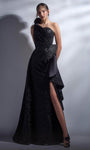 A-line One Shoulder Satin Natural Waistline Draped Pleated Peplum Slit Sequined Asymmetric Evening Dress with a Brush/Sweep Train With Ruffles