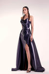 Tall Sophisticated A-line V-neck Strapless Back Zipper Faux Wrap V Back Slit Pleated Metallic Natural Waistline Sheath Sheath Dress