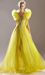 A-line Tulle Floor Length Natural Waistline V Back Fitted Illusion Bateau Neck Evening Dress With Ruffles