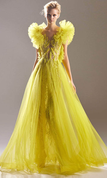 A-line Bateau Neck Tulle Natural Waistline Illusion V Back Fitted Floor Length Evening Dress With Ruffles