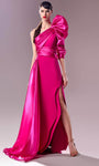 Sophisticated Tiered Draped Asymmetric Slit Natural Waistline Sheath 3/4 Puff Sleeves Sleeves One Shoulder Sheath Dress/Evening Dress