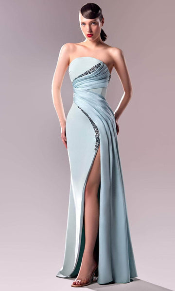 Sophisticated Strapless Crepe Sheath Back Zipper Fitted Asymmetric Slit Open-Back Crystal Pleated Beaded Natural Waistline Sheath Dress