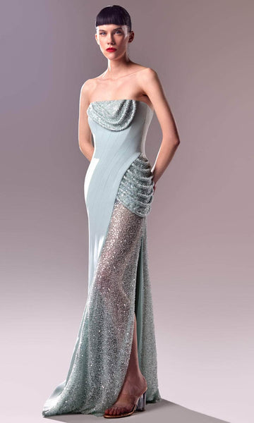 Strapless Straight Neck Open-Back Beaded Mesh Slit Fitted Crepe Mermaid Natural Waistline Dress