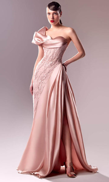 Sophisticated A-line Lace One Shoulder Slit Draped Fitted Asymmetric Beaded Natural Waistline Evening Dress