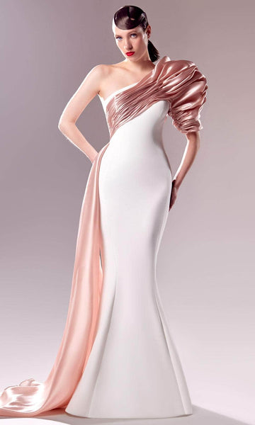 Floor Length Goddess Asymmetric Pleated 3/4 Sleeves One Shoulder Mermaid Crepe Natural Waistline Dress