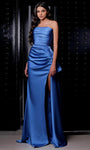 Sophisticated A-line Strapless Straight Neck Satin Natural Waistline Belted Ruched Back Zipper Slit Prom Dress with a Brush/Sweep Train