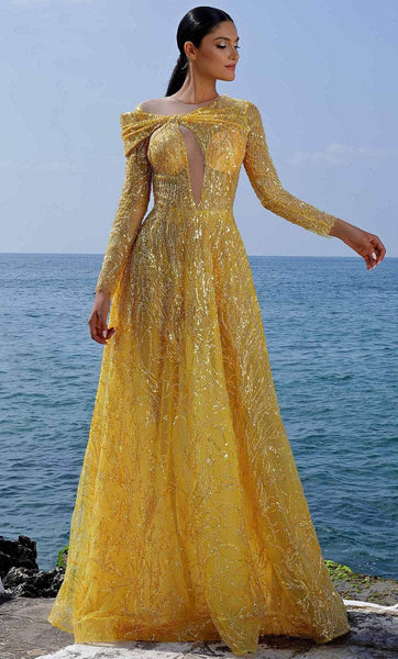 A-line Floor Length Fall Mesh Cutout Back Zipper Sequined Jeweled Neck Long Sleeves Natural Waistline Dress with a Brush/Sweep Train
