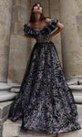 A-line Floral Print Off the Shoulder Floor Length Fit-and-Flare Natural Waistline Back Zipper Fitted Applique V Back Sequined Scoop Neck Dress with a Brush/Sweep Train