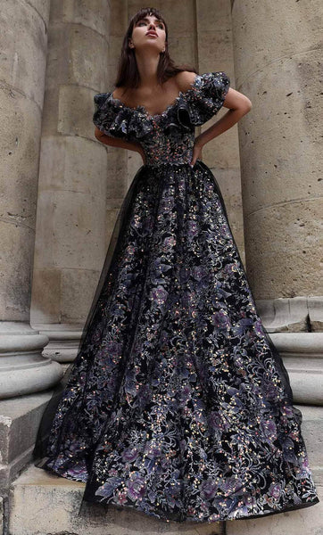 A-line Floor Length Applique Back Zipper Fitted V Back Sequined Floral Print Fit-and-Flare Natural Waistline Scoop Neck Off the Shoulder Dress with a Brush/Sweep Train
