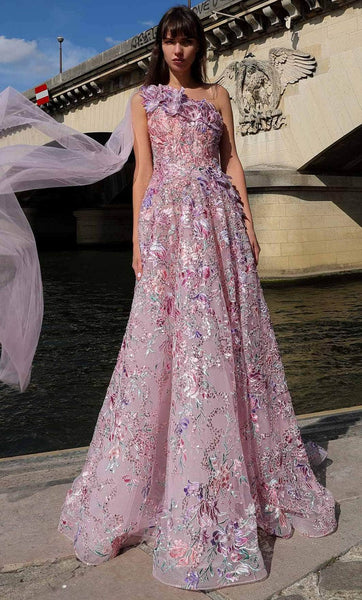 A-line Floral Print Natural Waistline Floor Length Asymmetric Embroidered Applique One Shoulder Dress with a Brush/Sweep Train With a Sash