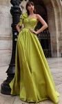 A-line Floor Length Ruched Pleated Wrap Slit Flutter Sleeves One Shoulder Natural Waistline Sweetheart Prom Dress With a Bow(s)